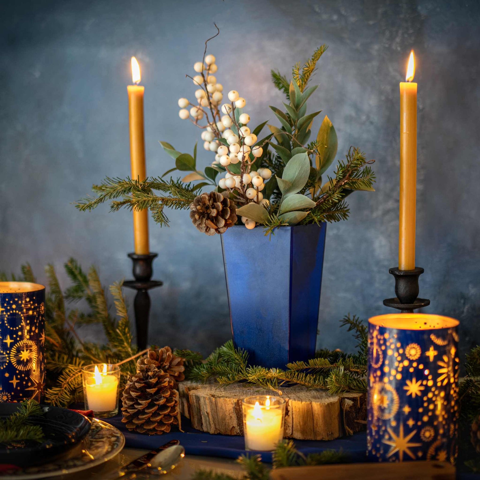 Winter Season Arrangement with Blue Tall tapered Vase