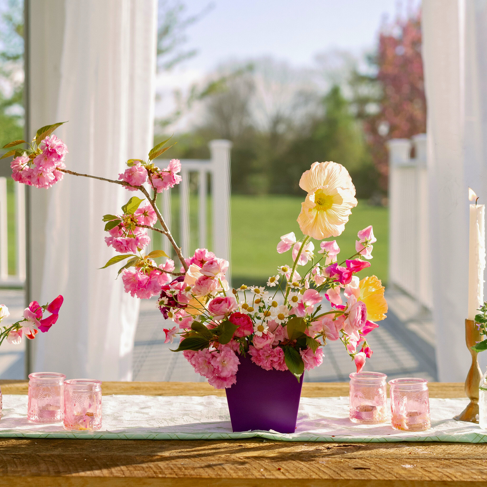 Purple tapered cube with spring florals