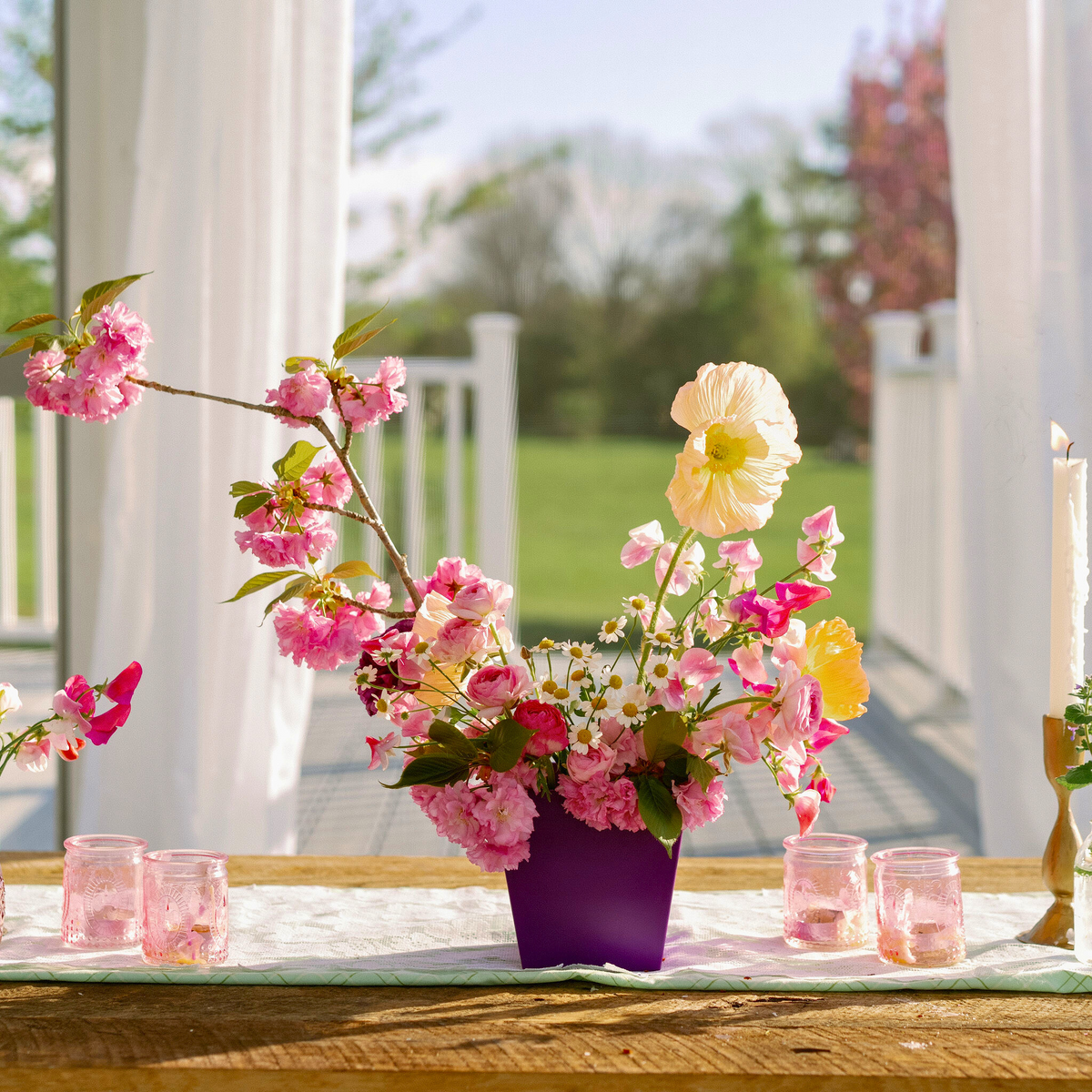Purple tapered cube with spring florals