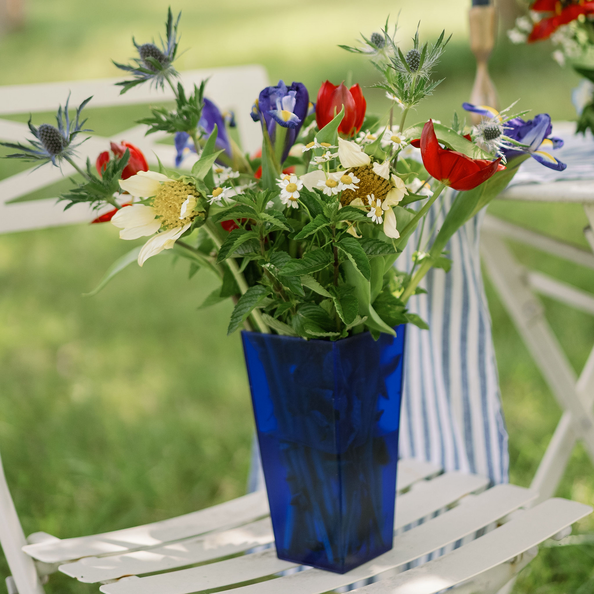 tall tapered cube cobalt with patriotic floral arrangement