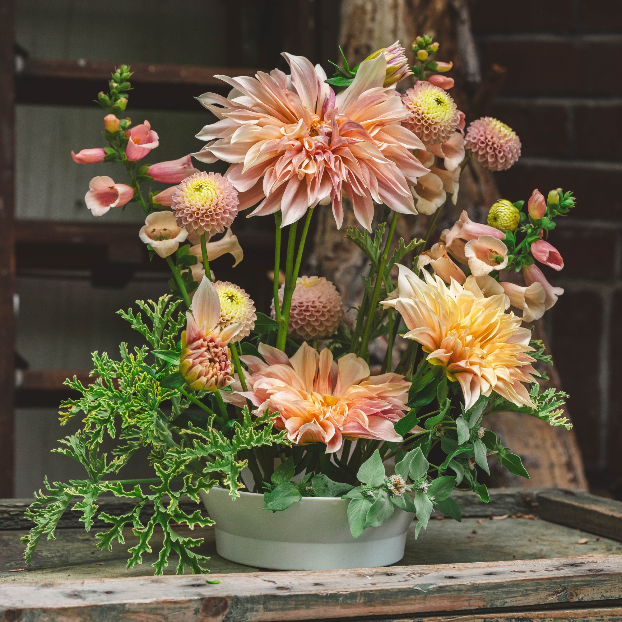 dahlia arrangement in mini wok white